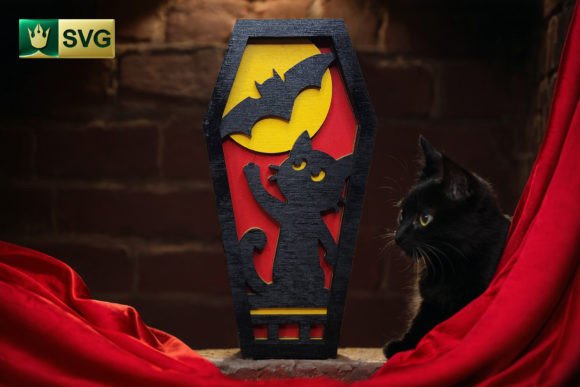 Halloween Coffin V7 Cat & Bat SVG